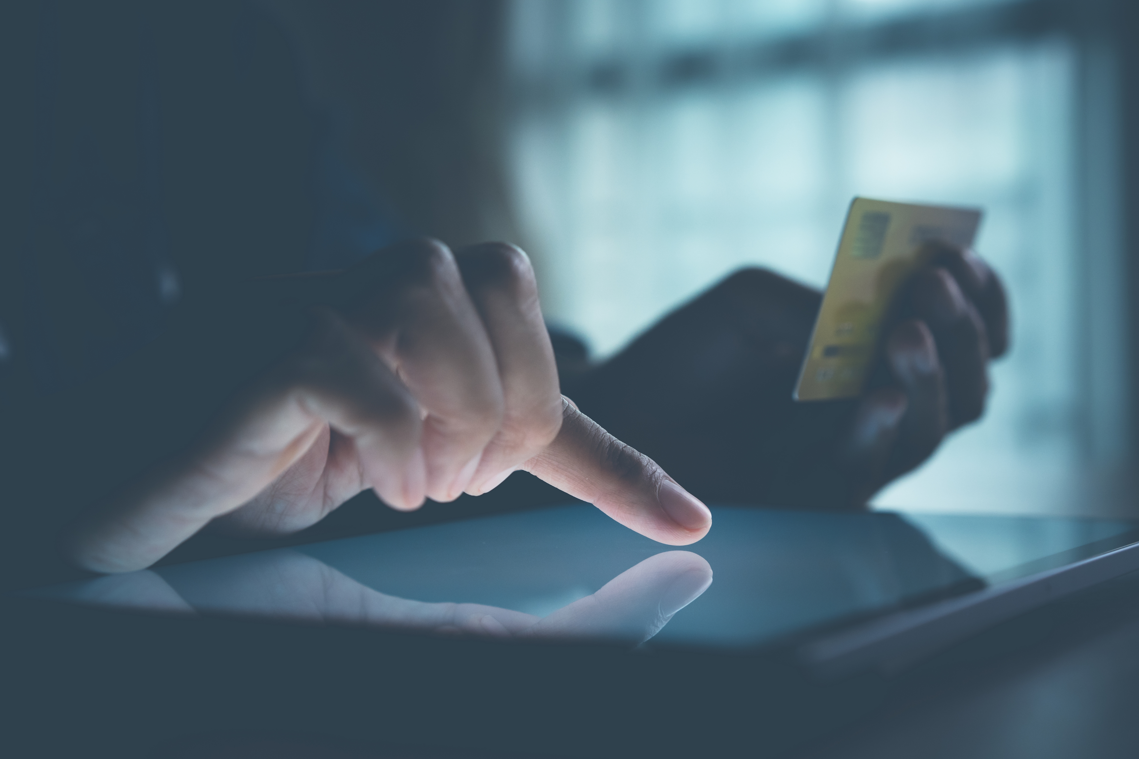 Person using digital tablet with credit card